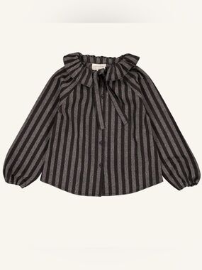 Louis Louise Black & Gray Striped Ruffle Collar Button-Up Top